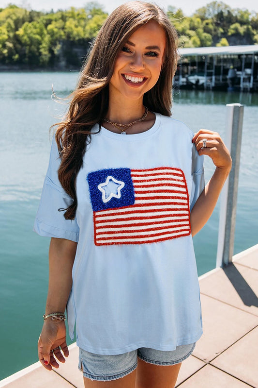 Beau Blue Tinsel American Flag Graphic T Shirt