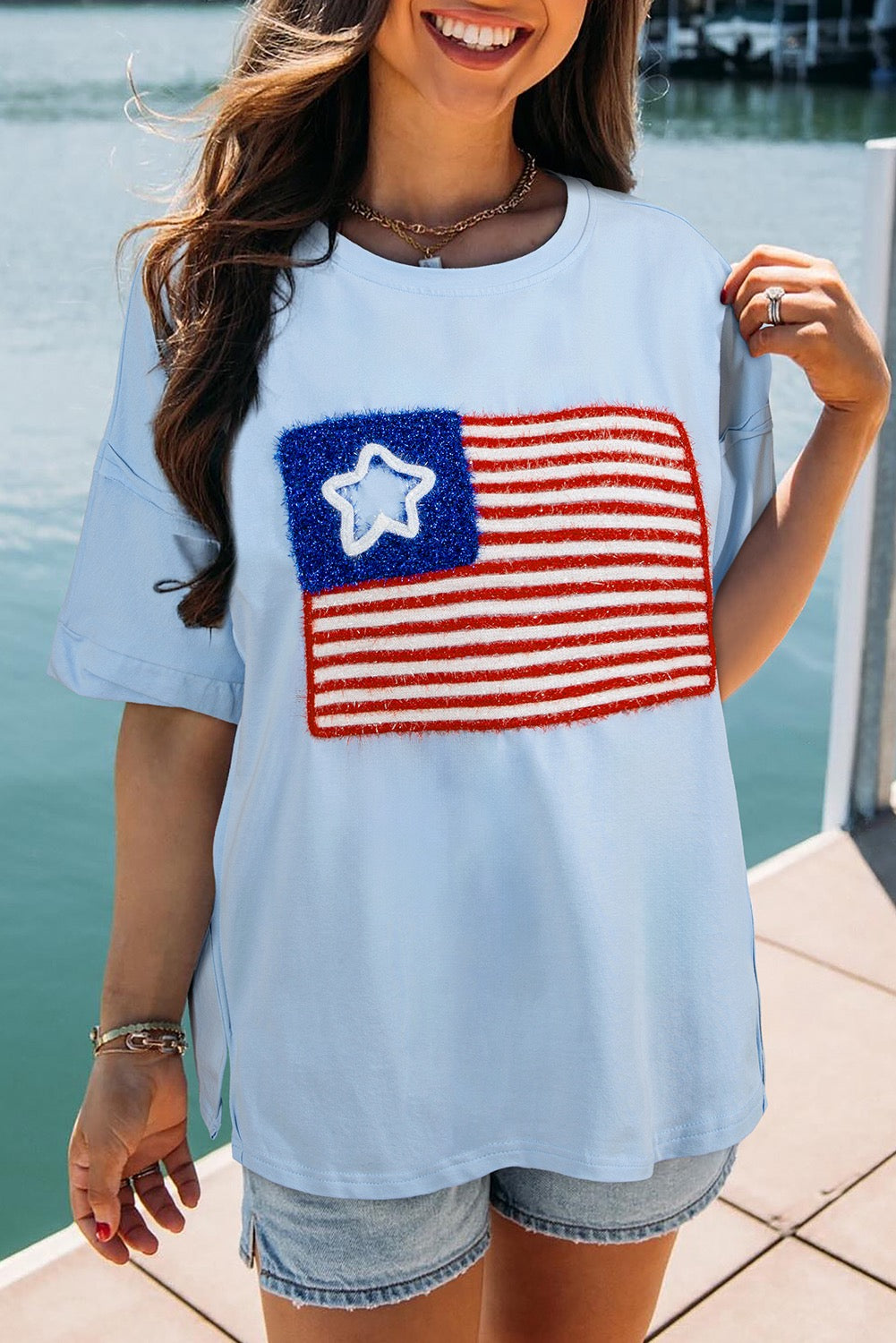 Beau Blue Tinsel American Flag Graphic T Shirt