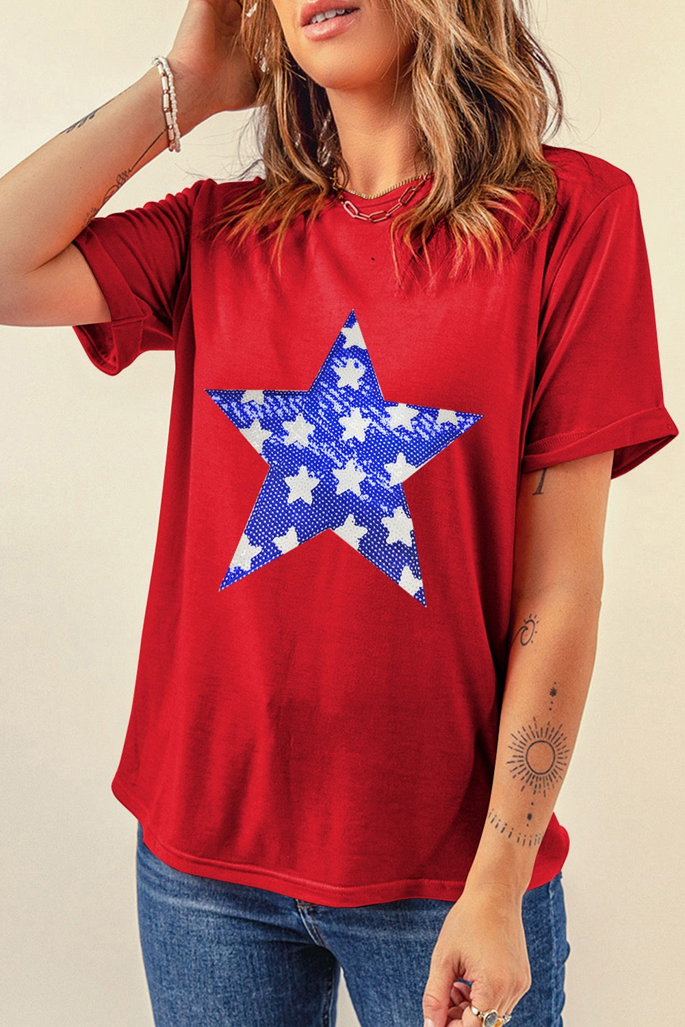 Red Sequin Star Crewneck Graphic T Shirt