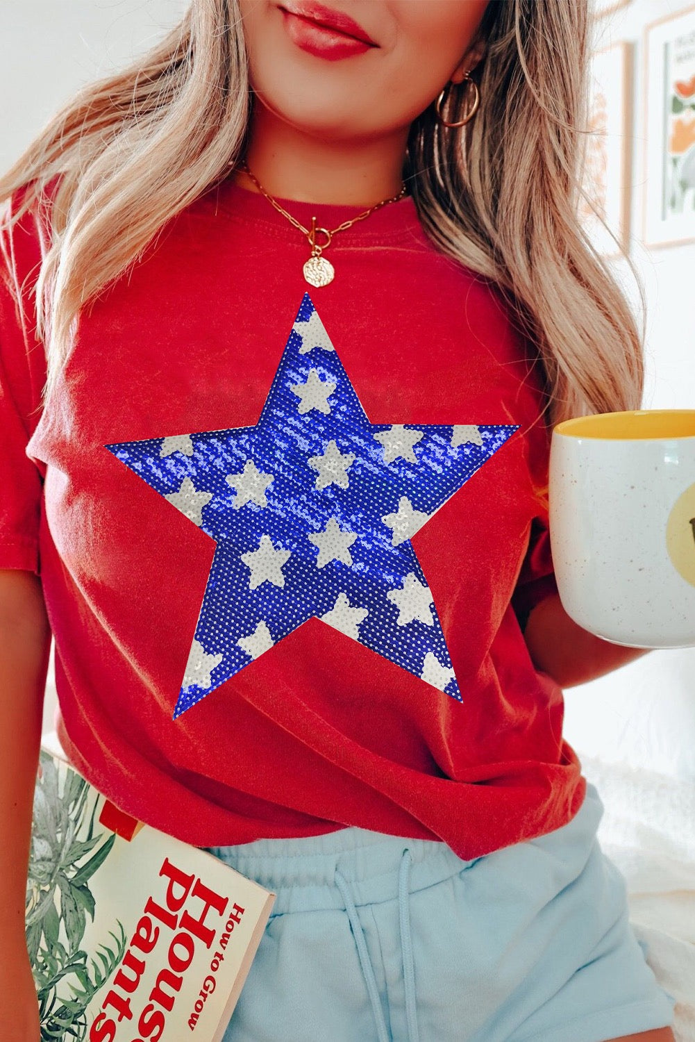 Red Sequin Star Crewneck Graphic T Shirt