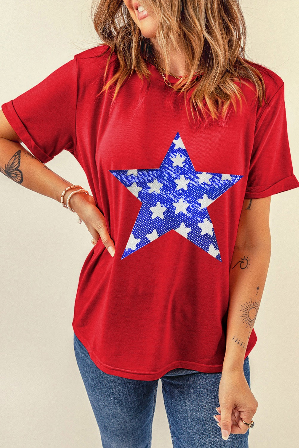 Red Sequin Star Crewneck Graphic T Shirt