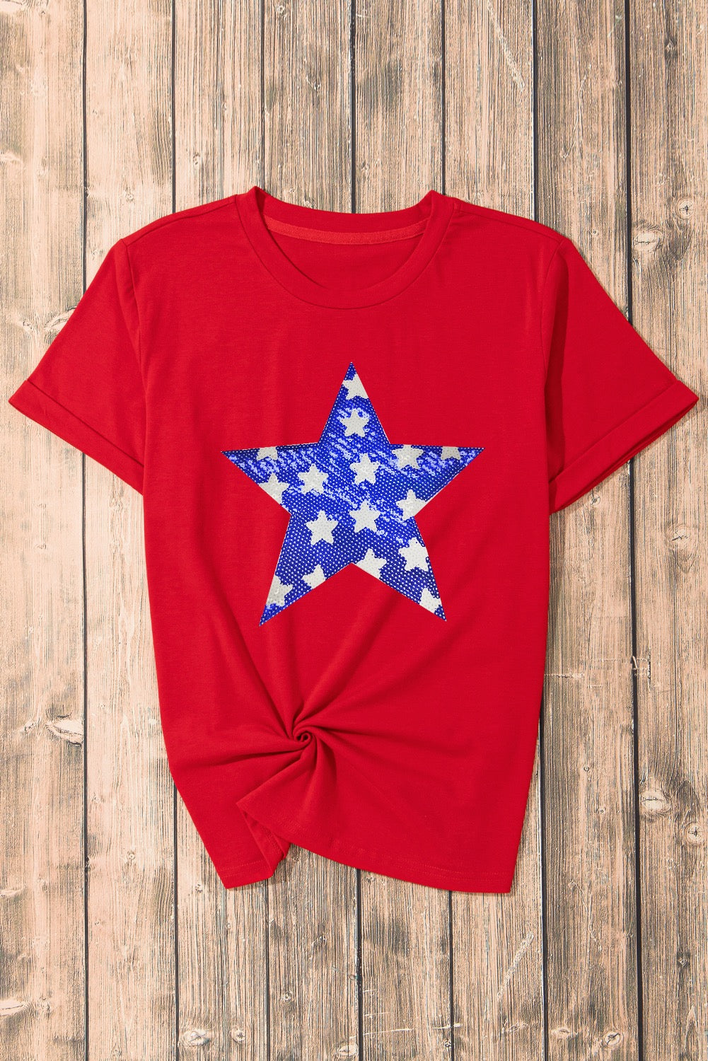 Red Sequin Star Crewneck Graphic T Shirt