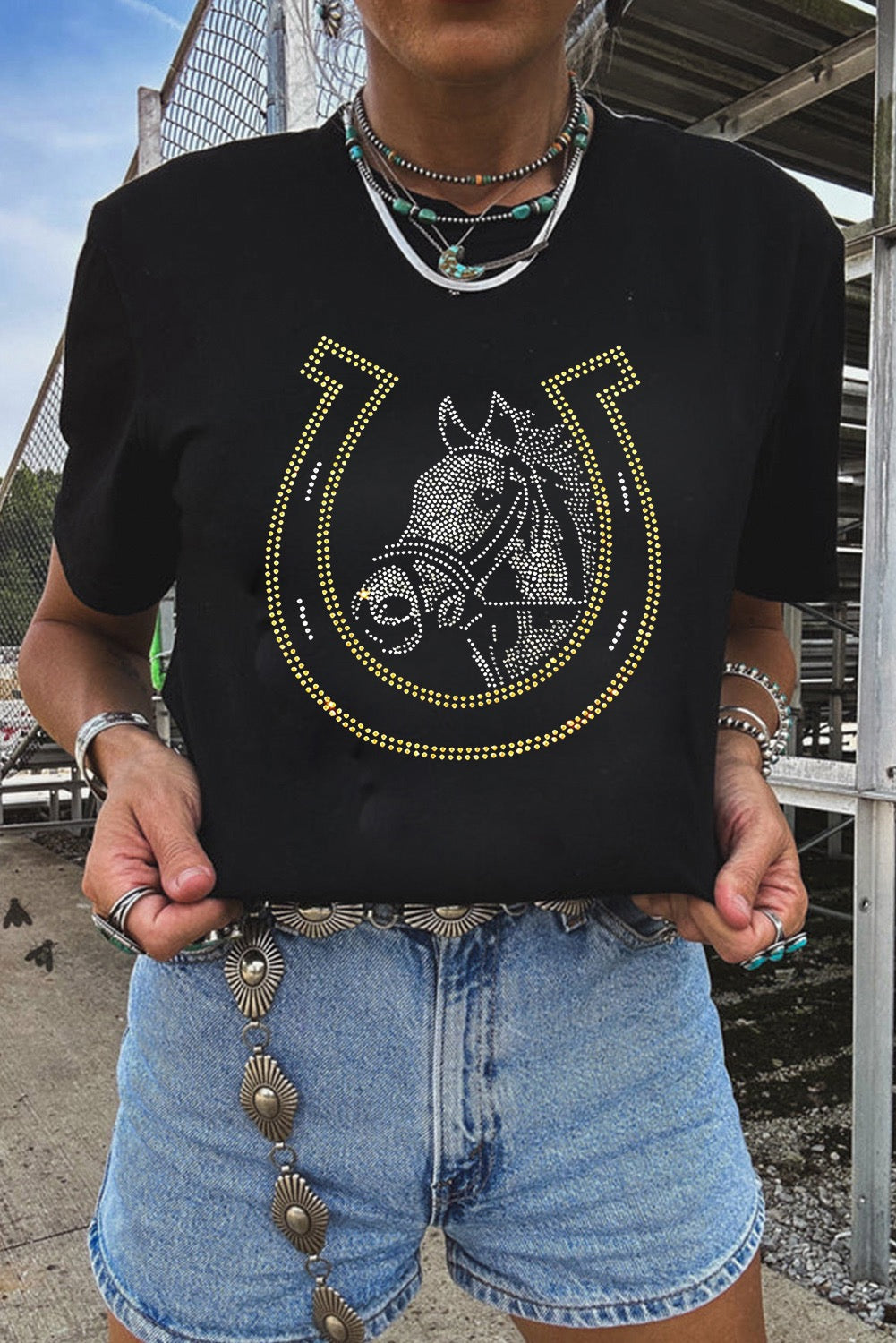 Black Rhinestone Horse and Horse Shoe Graphic T Shirt