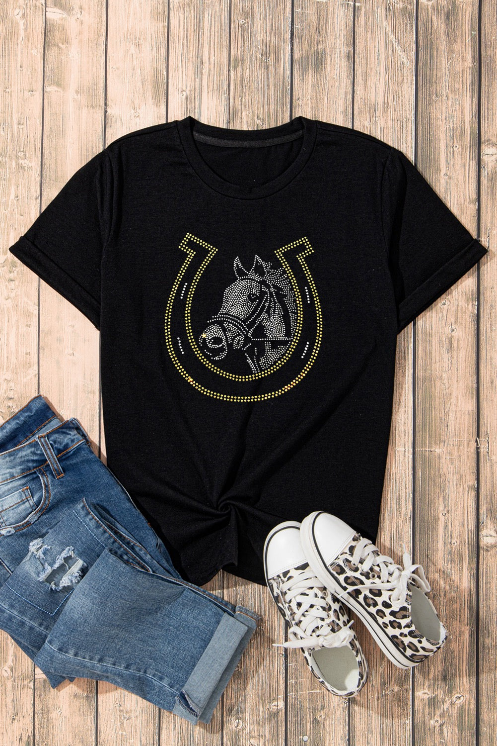 Black Rhinestone Horse and Horse Shoe Graphic T Shirt