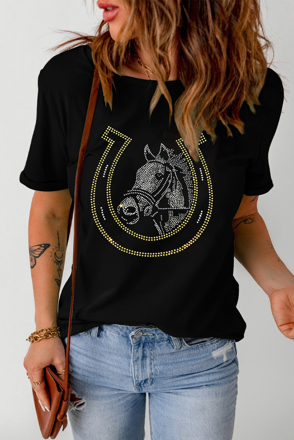 Black Rhinestone Horse and Horse Shoe Graphic T Shirt