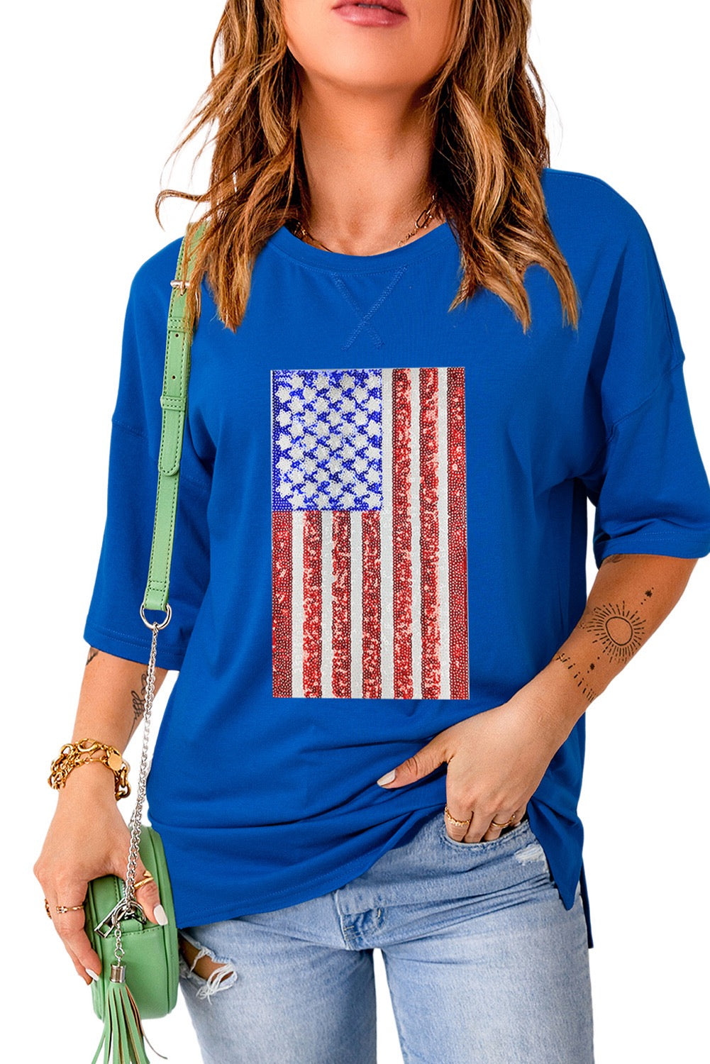 Dark Blue American Flag Graphic T Shirt