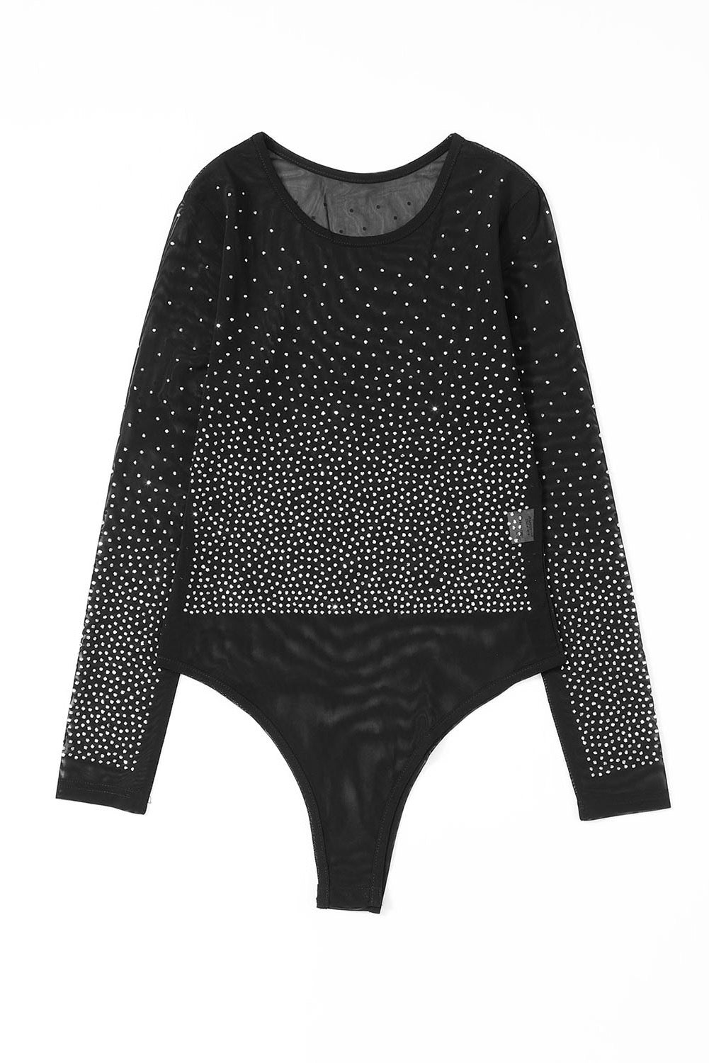 Black Rhinestone Embellished Mesh Long Sleeve BOdysuit