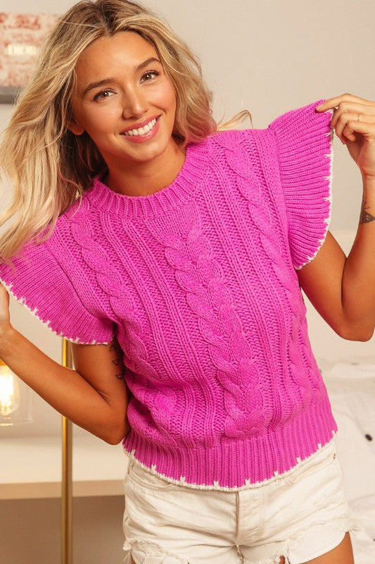 Magenta cable sleeve ruffle knit sweater