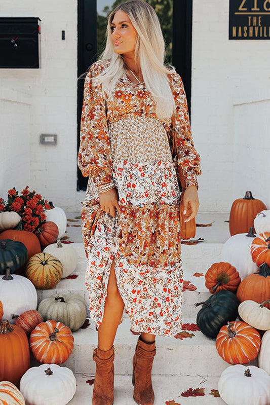 Khaki Floral Print Ruffled Tiered Long Sleeve V neck Midi Dress