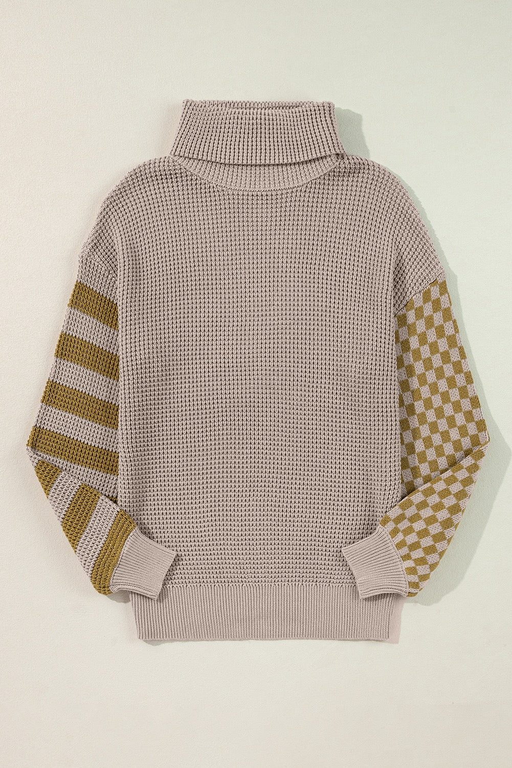 Smoke Gray Striped Plaid Patchwork Waffle Knit Turtleneck Sweater