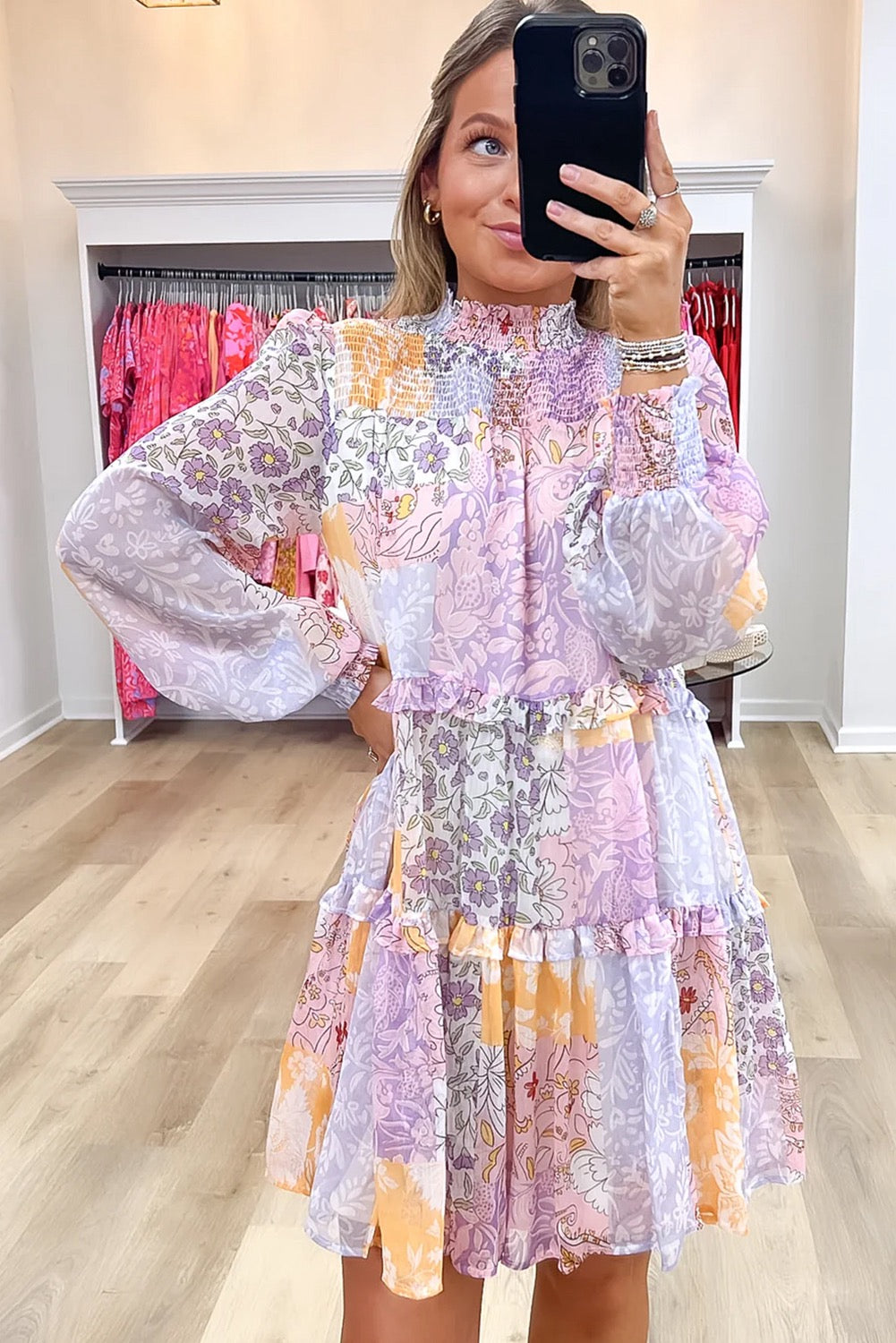 Multicolor Floral Smocked Mock Neck Ruffled Tiered Bubble Sleeve Dress