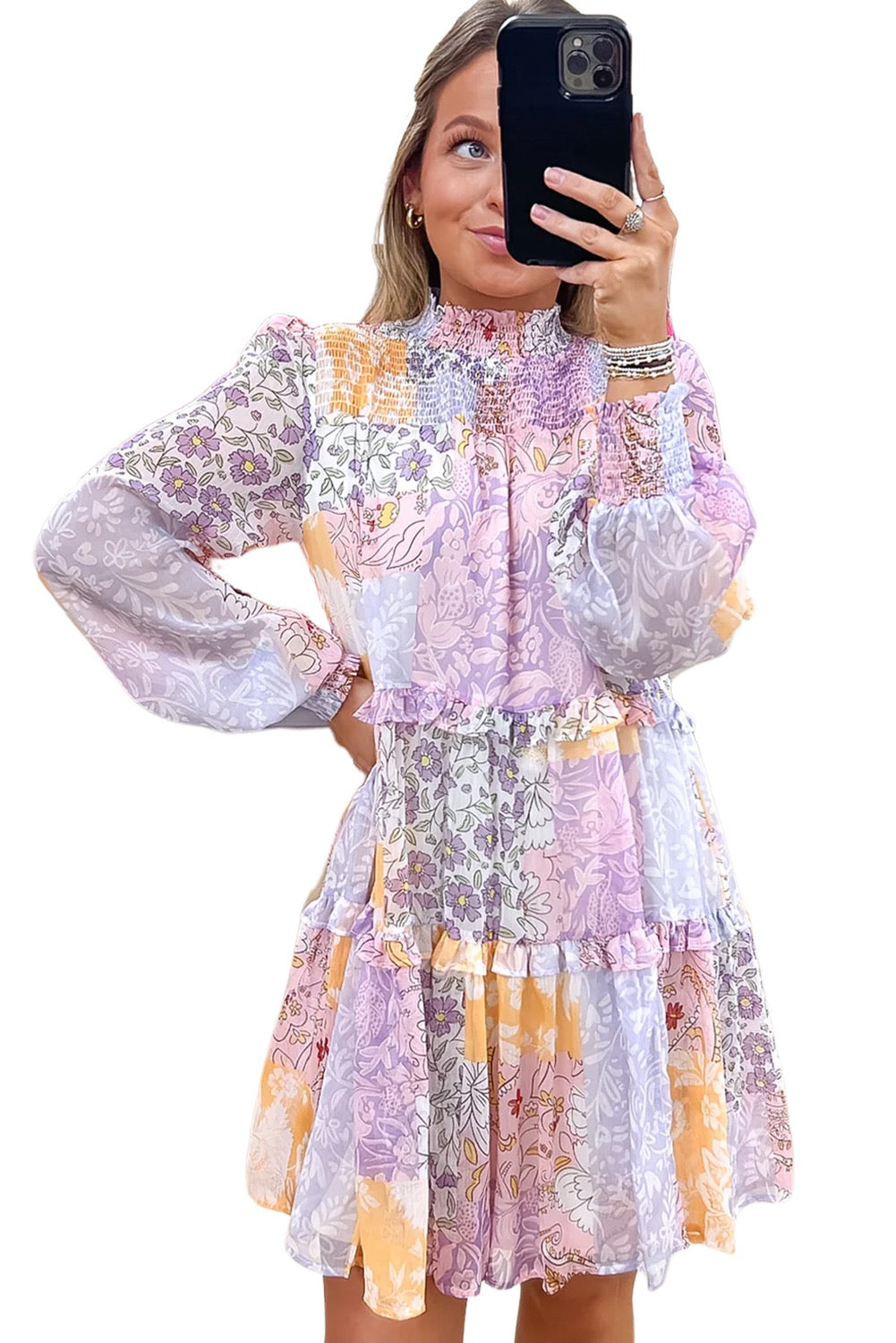 Multicolor Floral Smocked Mock Neck Ruffled Tiered Bubble Sleeve Dress