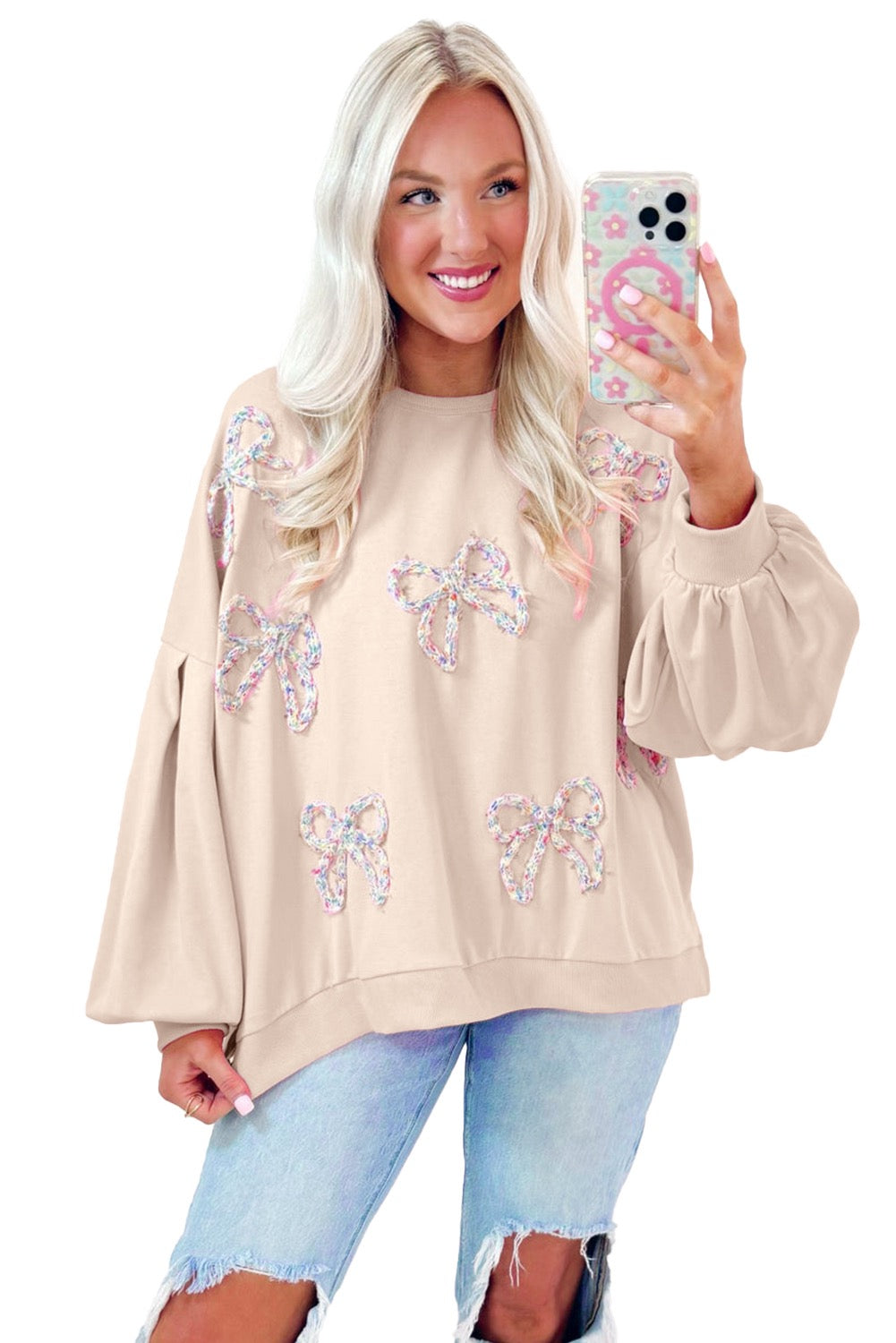 Parchment embroidered bow lantern sleeve oversized sweatshirt