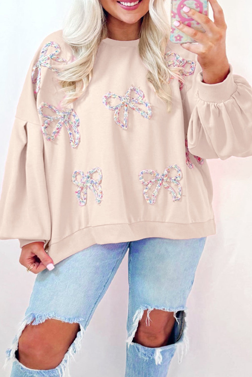 Parchment embroidered bow lantern sleeve oversized sweatshirt