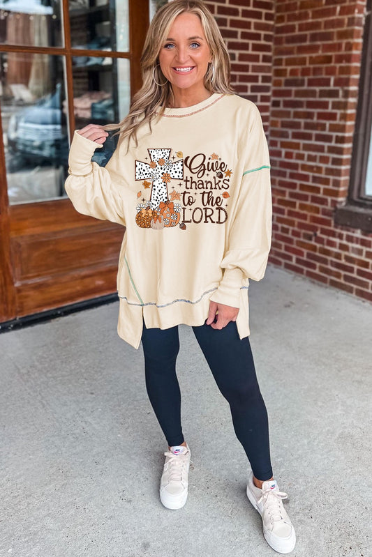 White Give Thanks to the Lord Graphic High Low Hem Loose Sweatshirt