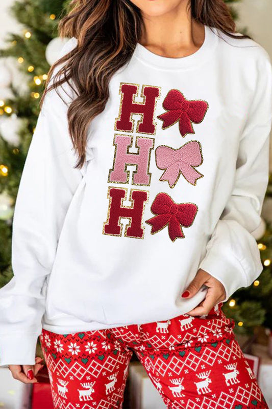 White Ho Ho Ho Bow patched graphic sweatshirt