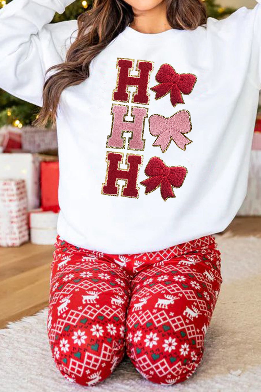 White Ho Ho Ho Bow patched graphic sweatshirt