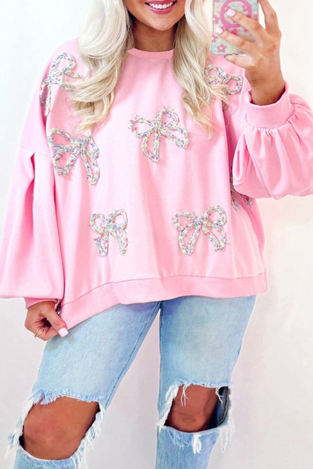 Light pink embroidered bow lantern sleeve oversize sweatshirt