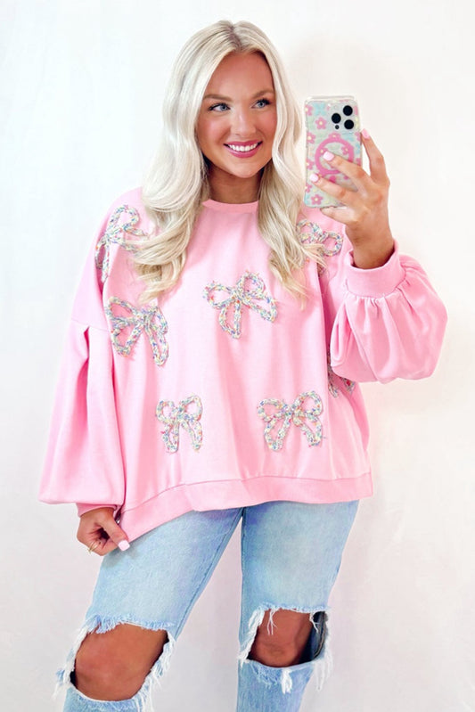 Light pink embroidered bow lantern sleeve oversize sweatshirt