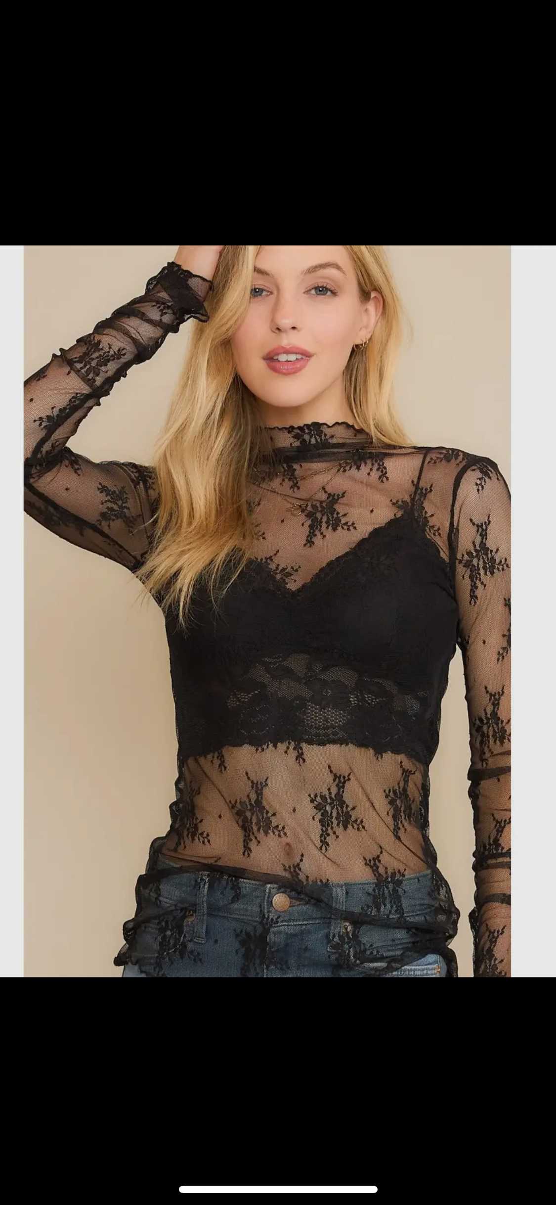 Black mesh lace high neck design long sleeve top