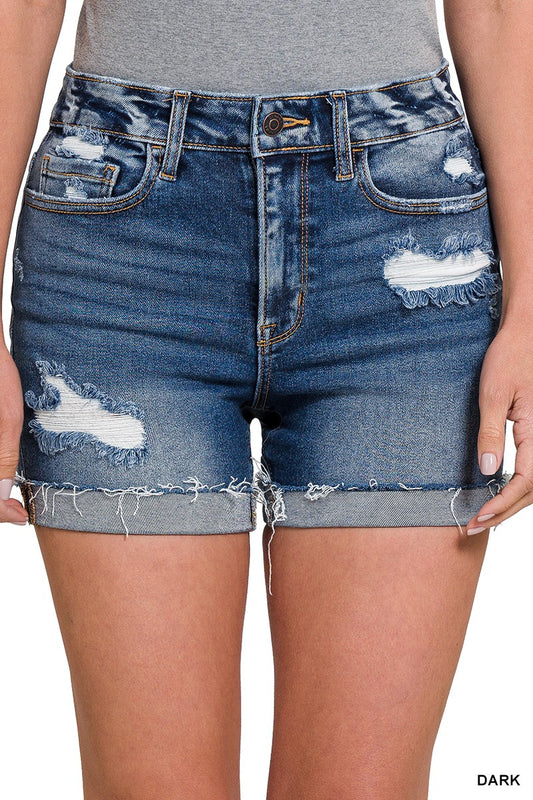 Zenana Distressed Cuffed Raw Hem Denim Shorts