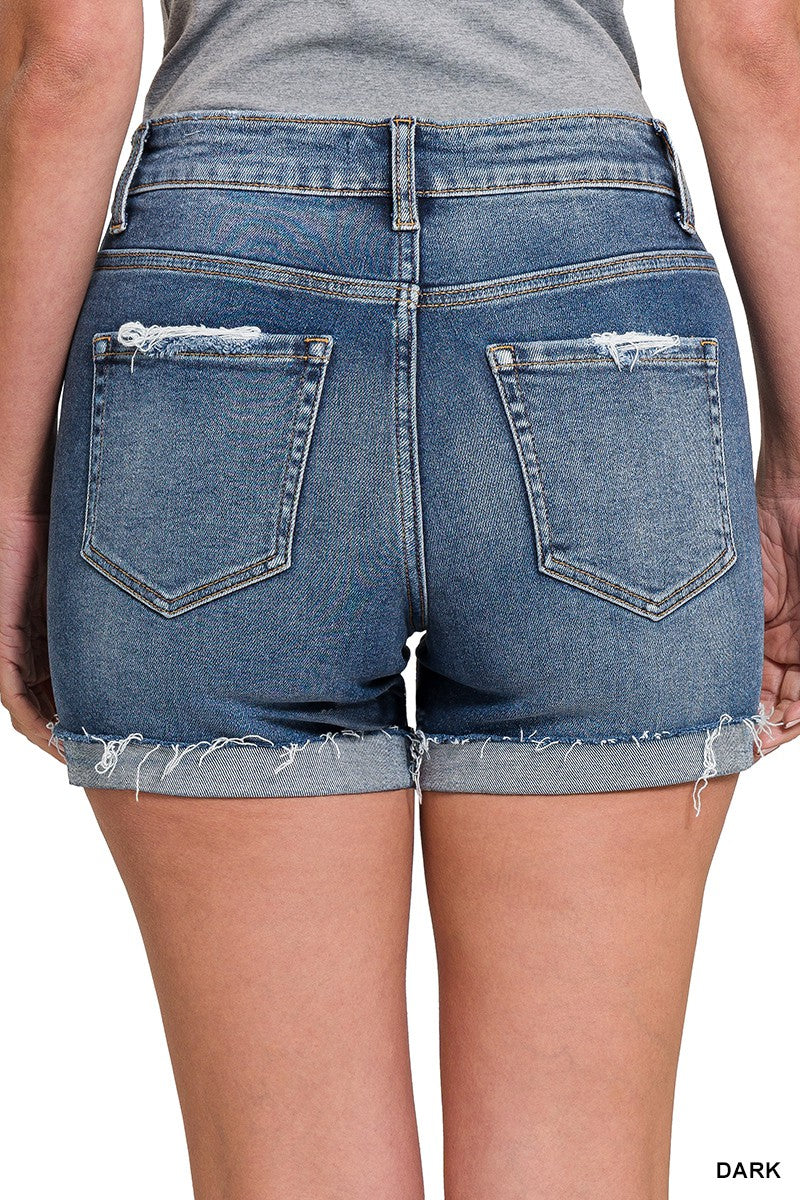 Zenana Distressed Cuffed Raw Hem Denim Shorts