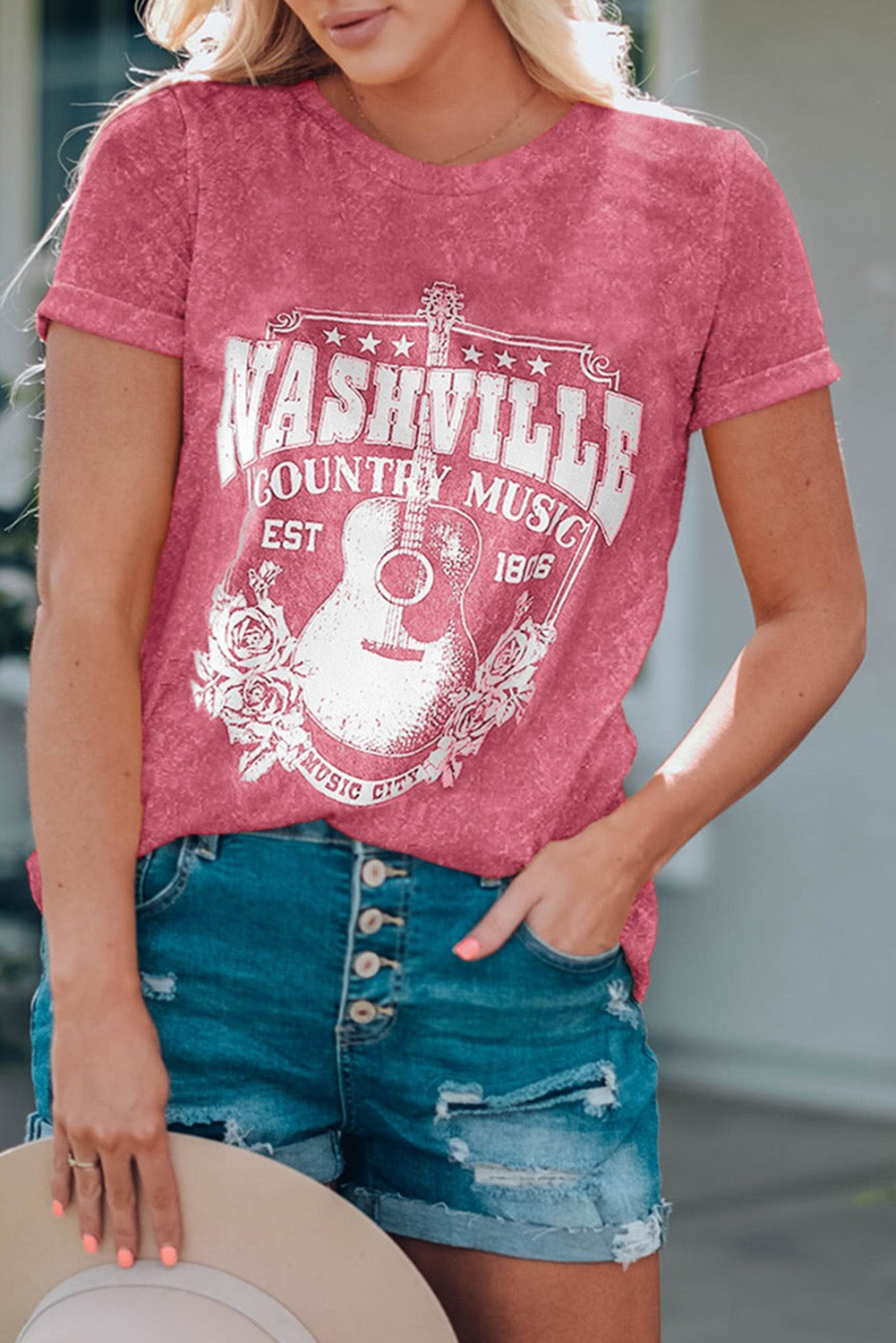 Fiery Red Nashville Music City Graphic Mineral Wash Tee