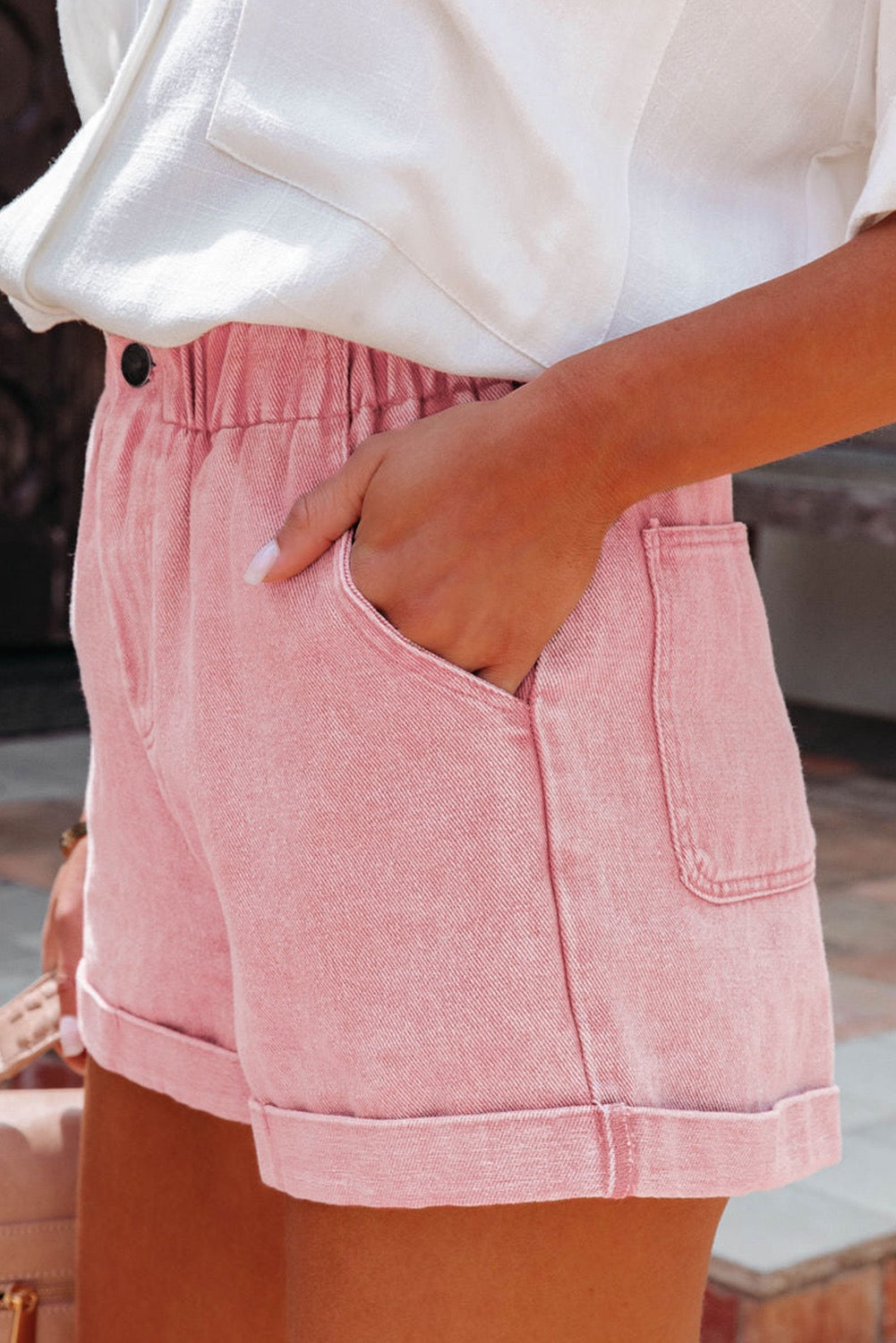 Dusty Pink Vintage Washed Frilled High Waist Denin Shorts