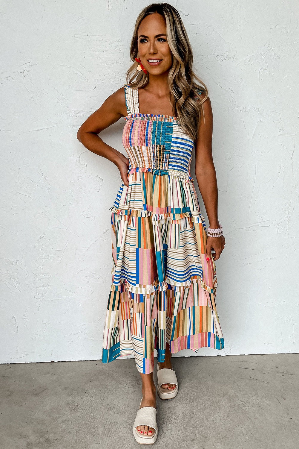 Khaki Mix Striped Wide Straps Smocked Tiered Maxi Dress