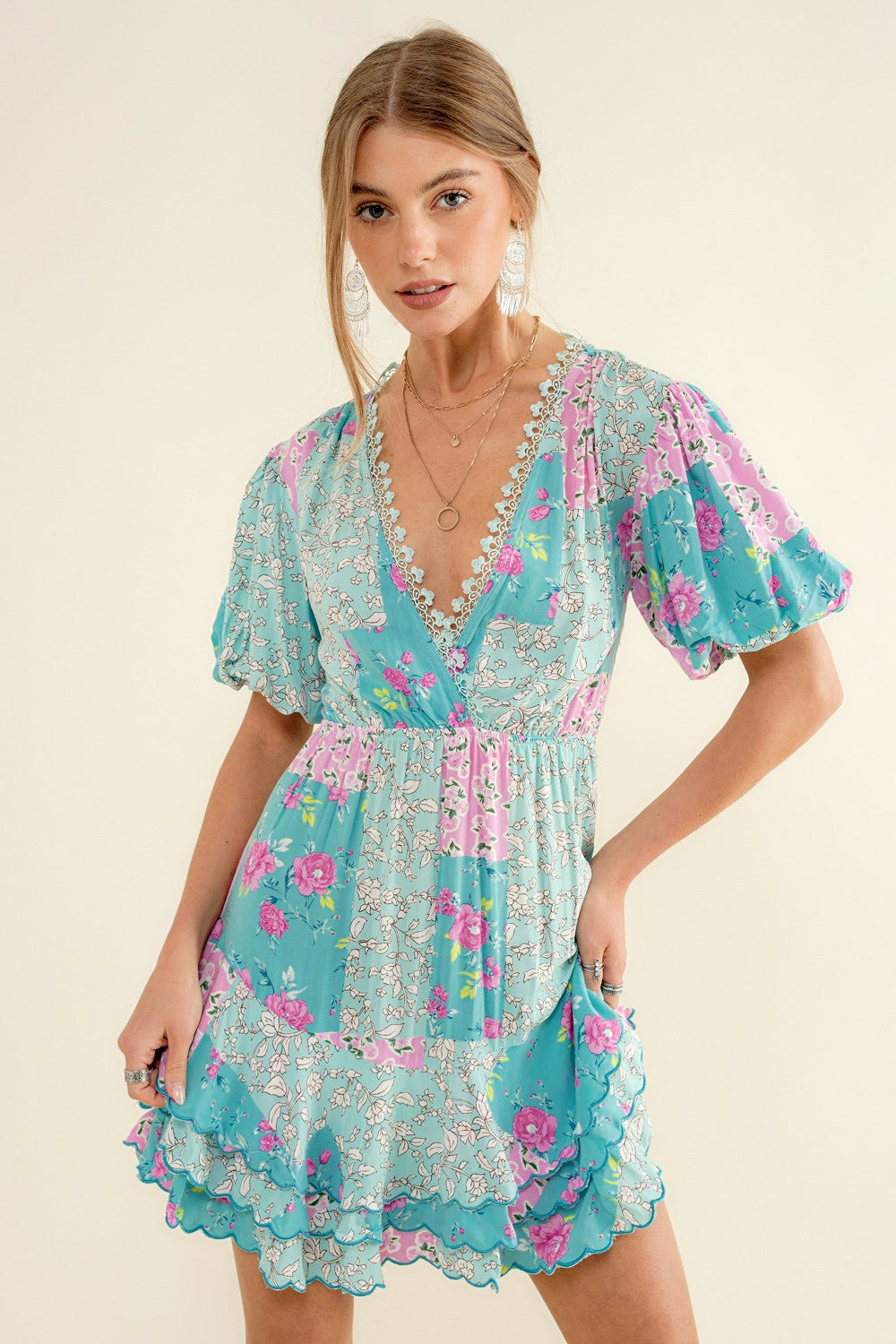 Tiered Scallop Embroidery Hem Mini Dress