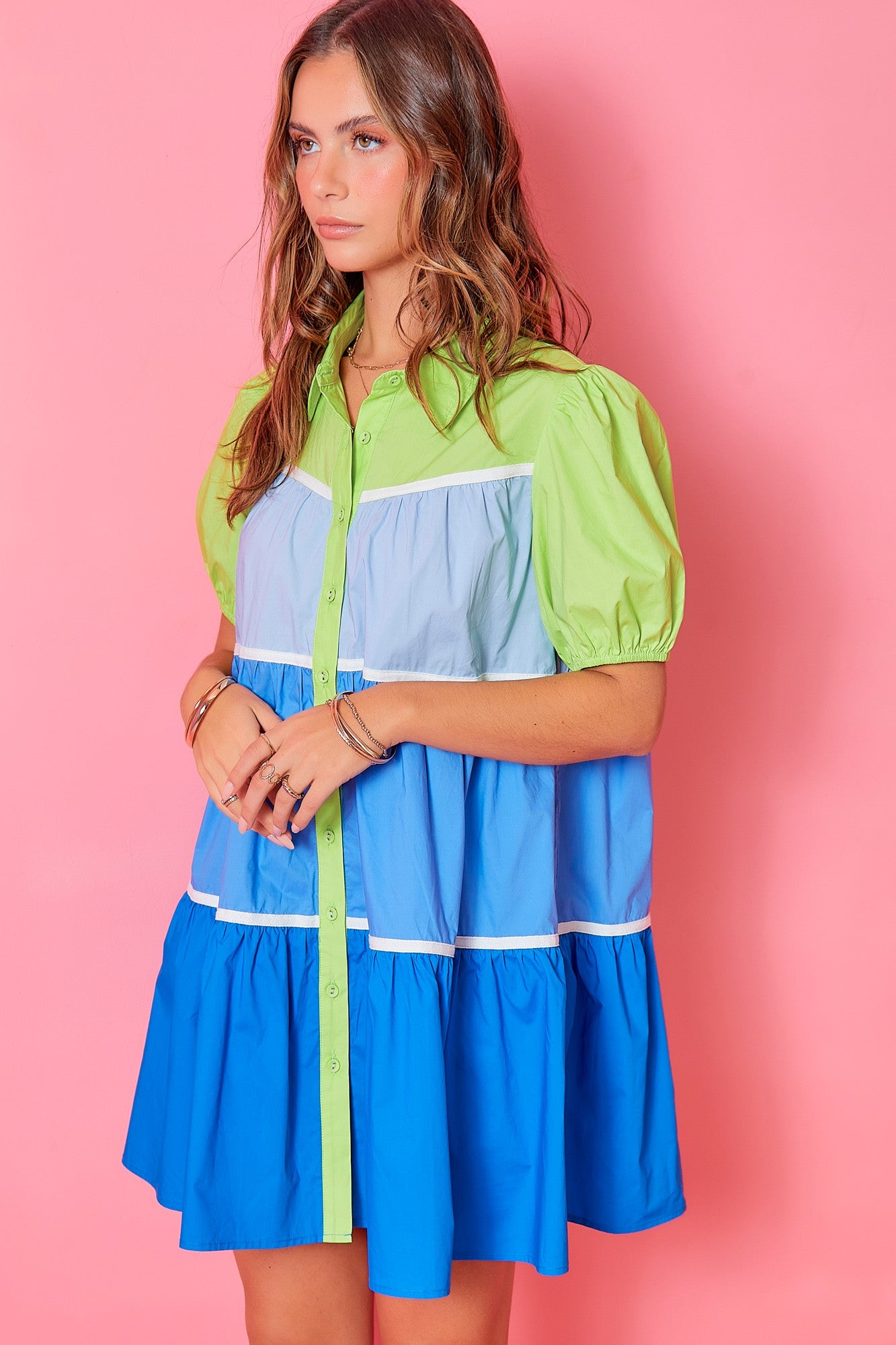 Color Block Button Down Shirt Dress