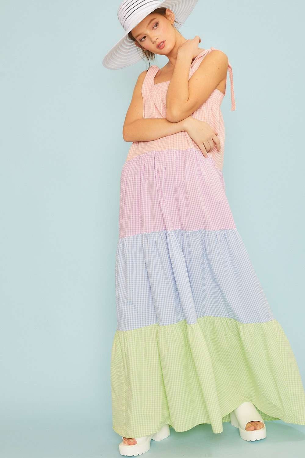 Self Tie Shoulder Color block Maxi Dress