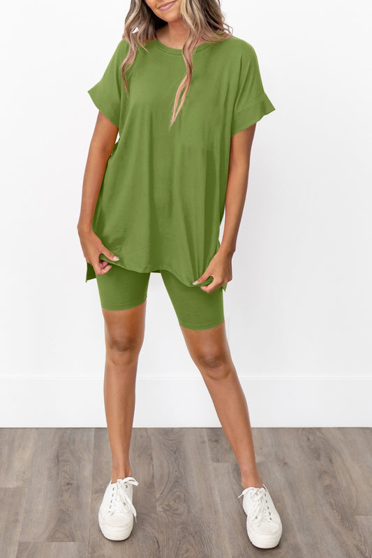 Spinach Green Solid Split Hem Tunic Tee and Tight Shorts Set