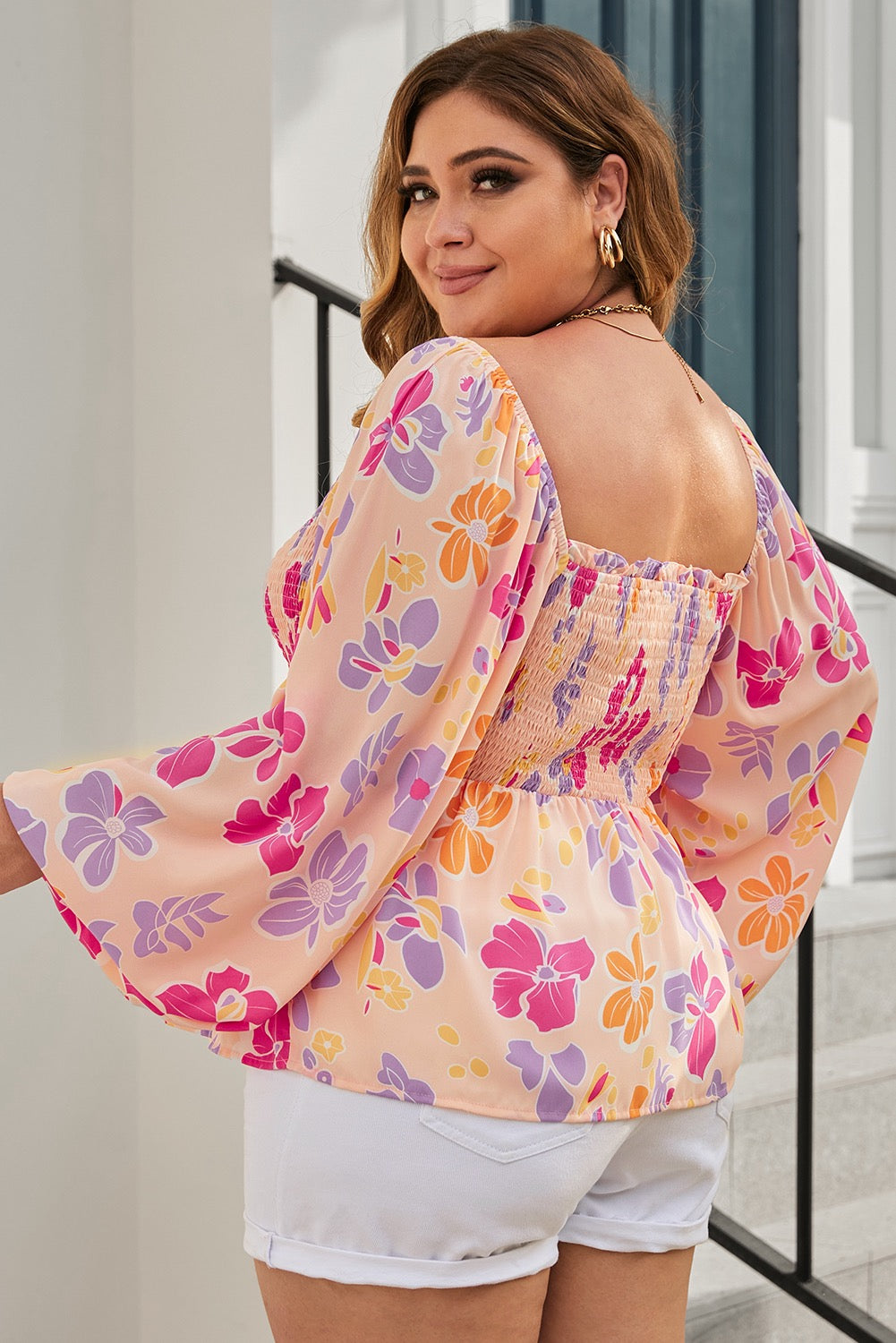 Pink Plus Size Floral Puff Sleeve Smocked Peplum Top