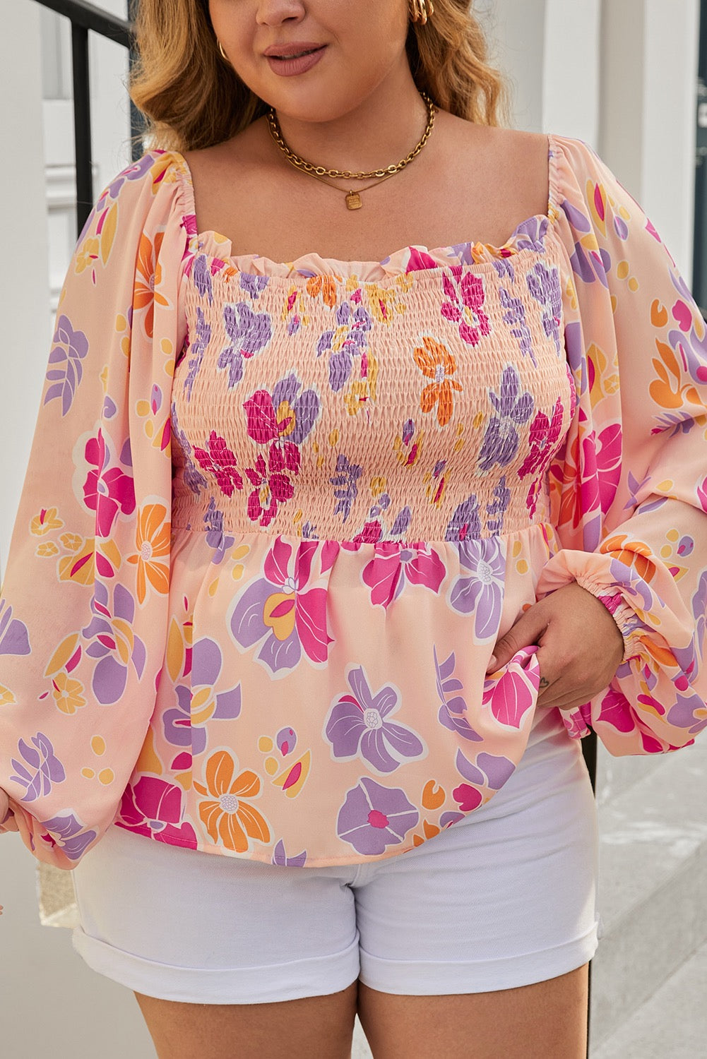 Pink Plus Size Floral Puff Sleeve Smocked Peplum Top