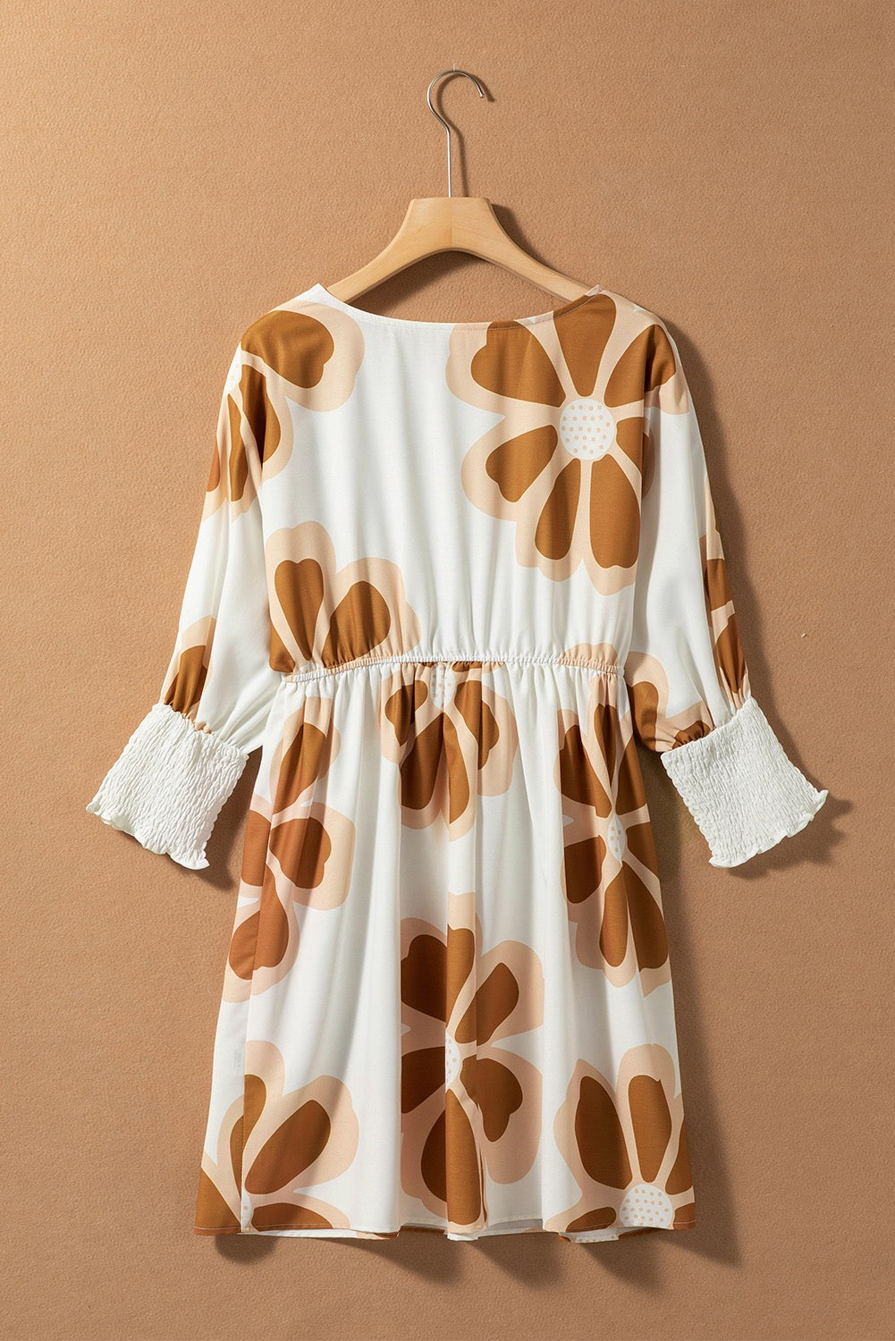 Brown Big Flower Print 3/4 Sleeve Short Dress