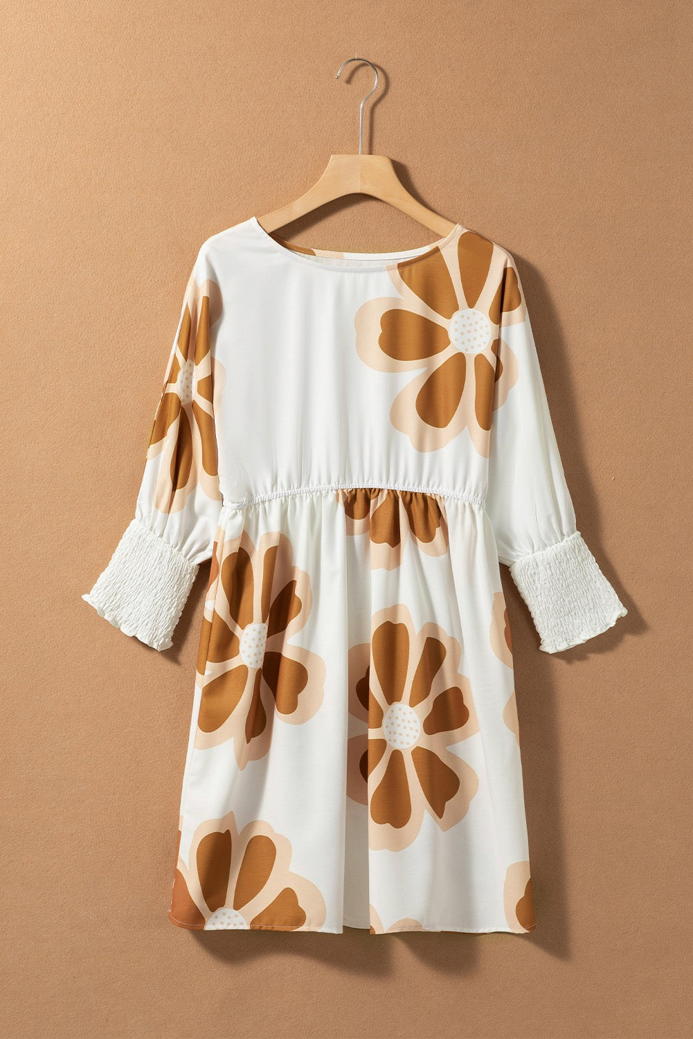 Brown Big Flower Print 3/4 Sleeve Short Dress