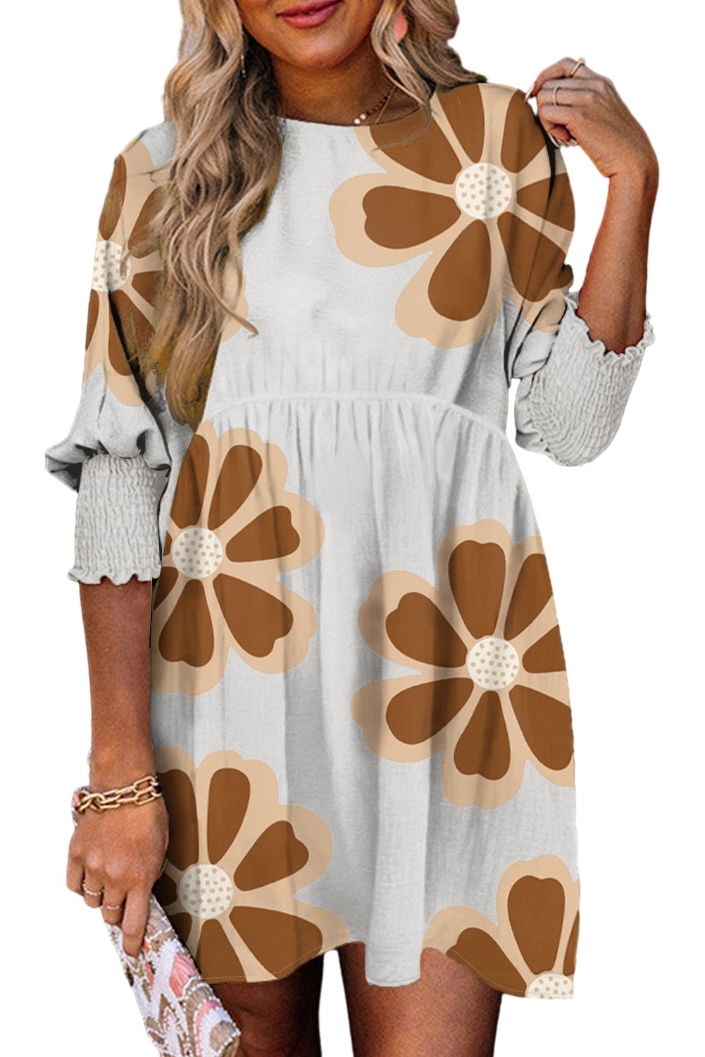 Brown Big Flower Print 3/4 Sleeve Short Dress