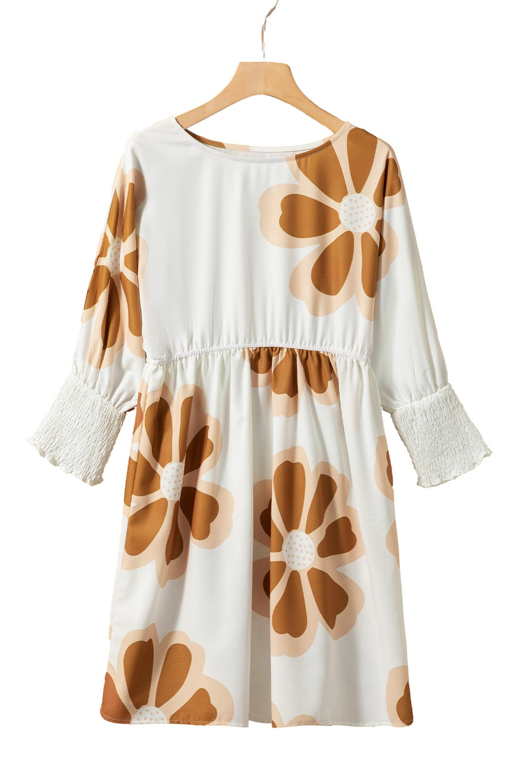 Brown Big Flower Print 3/4 Sleeve Short Dress