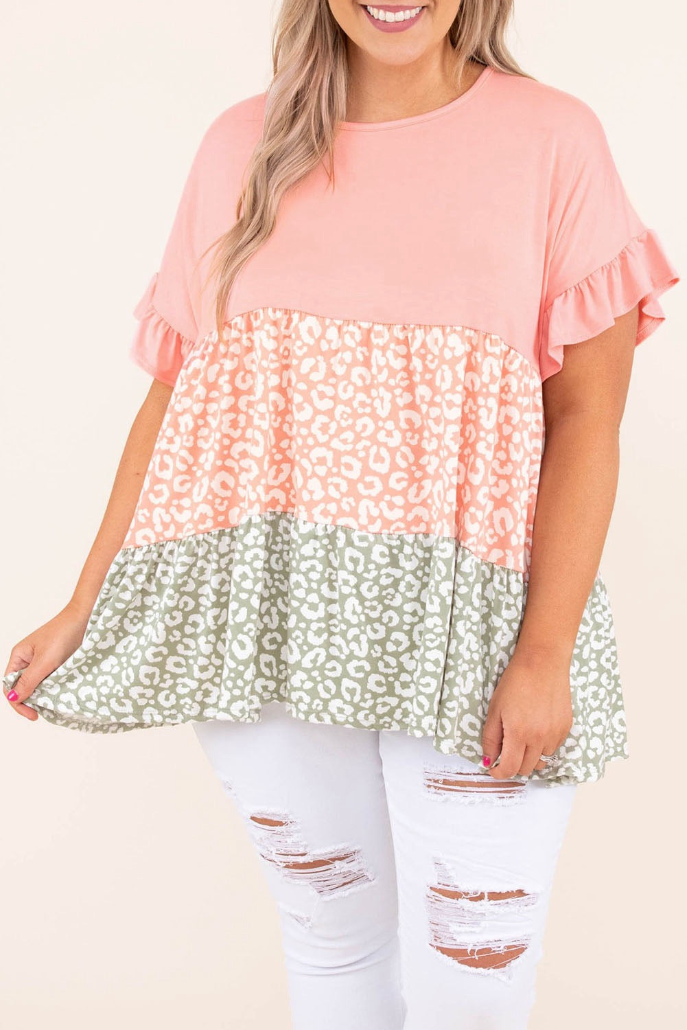 Pink Ruffled Short Sleeve Leopard Splicing Flowy Plus Size Top