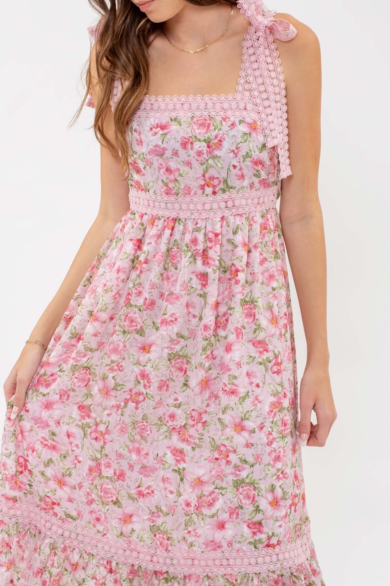 Floral Print Ribbon Tie Midi Dress