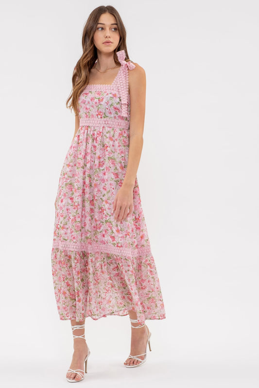 Floral Print Ribbon Tie Midi Dress