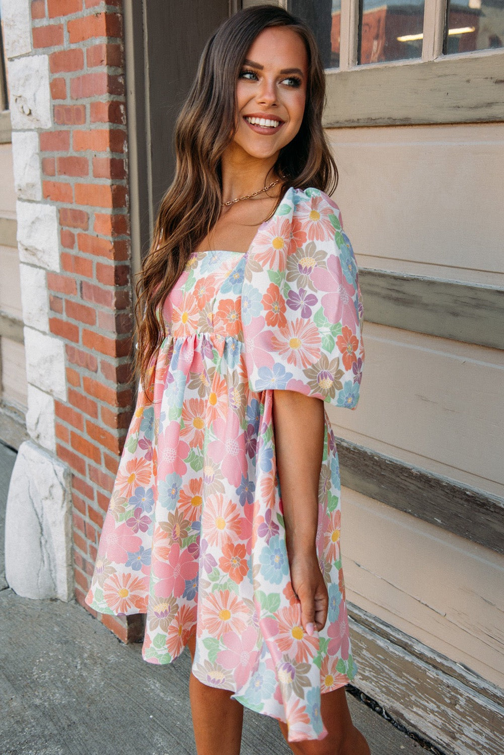 Pink Summer Floral Square Neck Puff Sleeve Baby Doll Dress