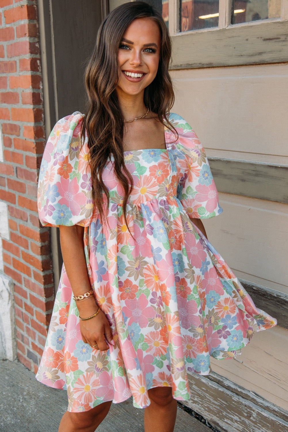 Pink Summer Floral Square Neck Puff Sleeve Baby Doll Dress