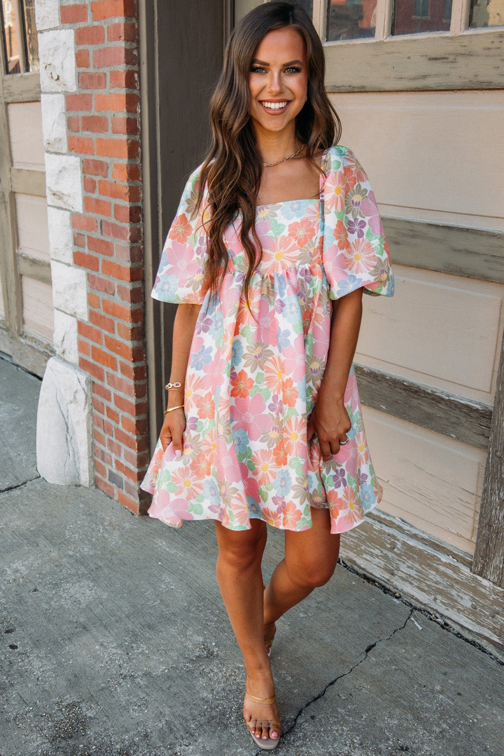 Pink Summer Floral Square Neck Puff Sleeve Baby Doll Dress