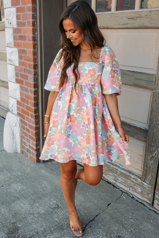 Pink Summer Floral Square Neck Puff Sleeve Baby Doll Dress