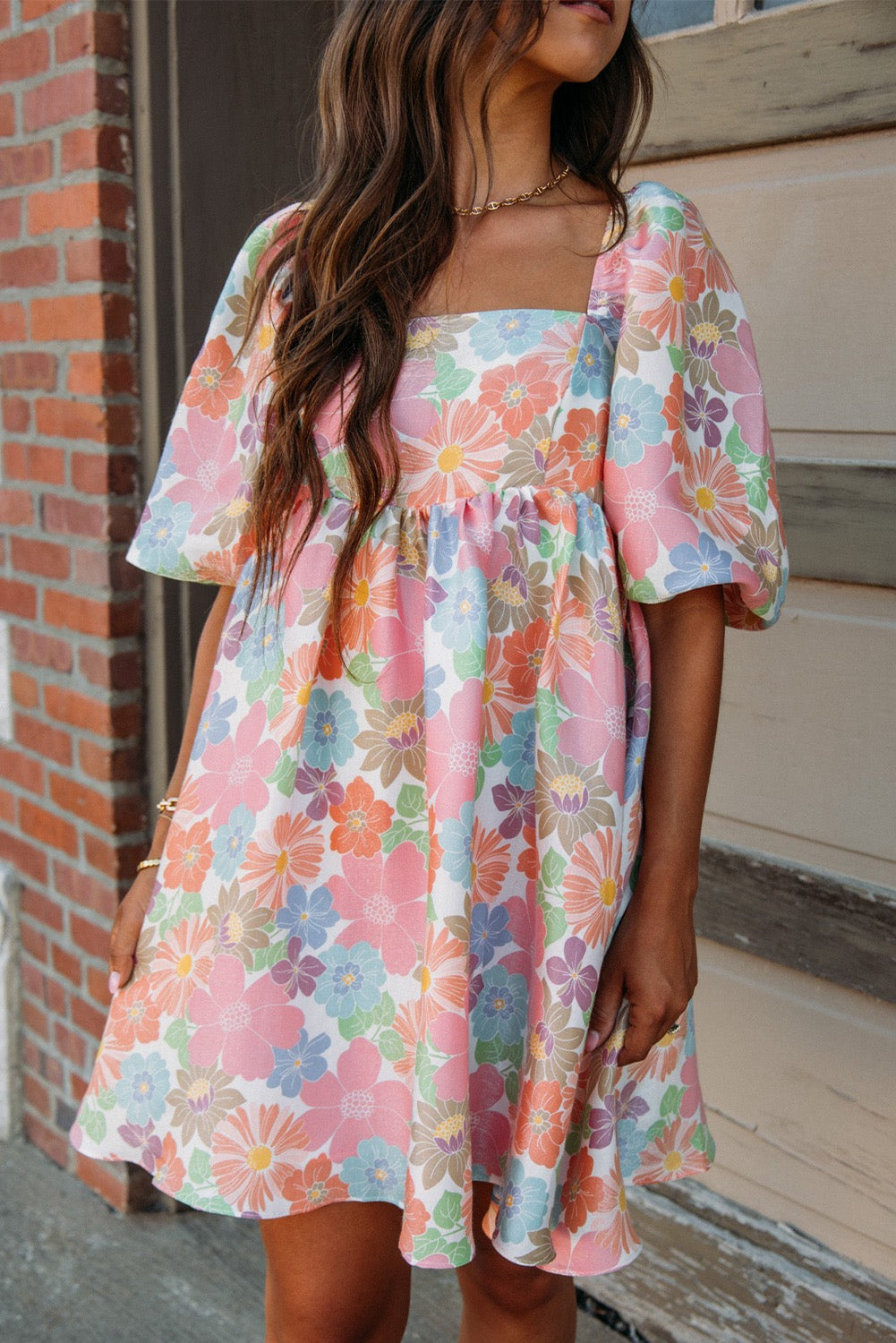 Pink Summer Floral Square Neck Puff Sleeve Baby Doll Dress