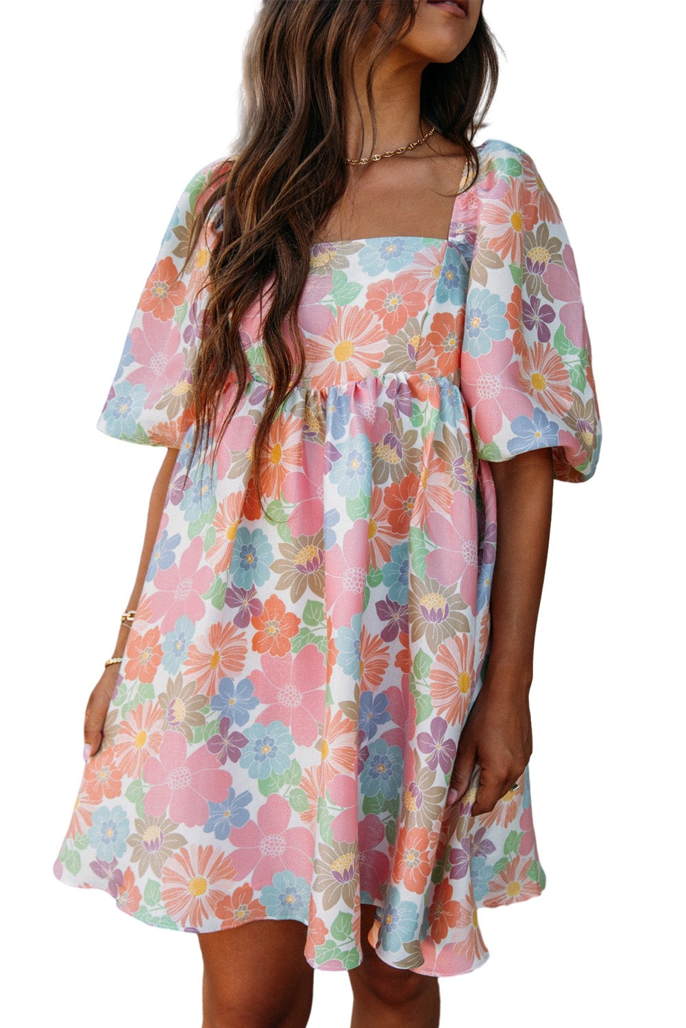 Pink Summer Floral Square Neck Puff Sleeve Baby Doll Dress