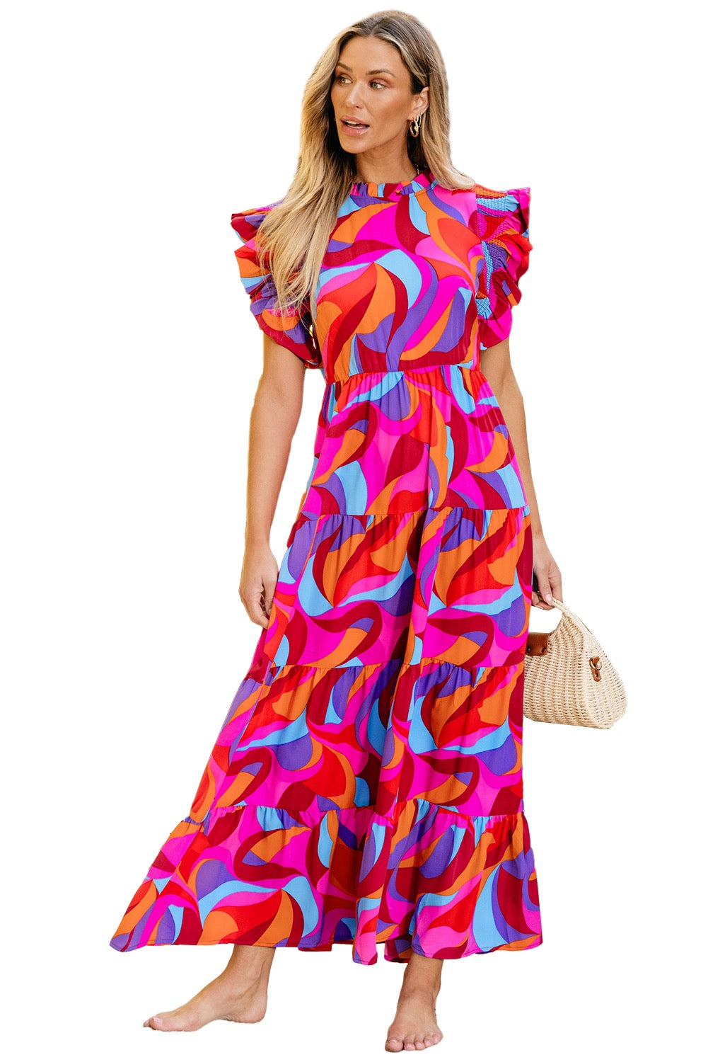 Orange Abstract printed high waist ruffled tiered long dress